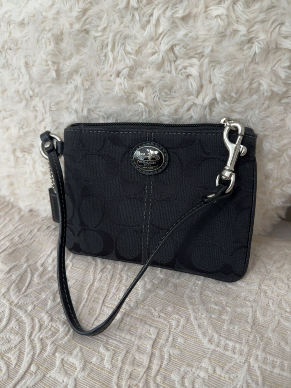 Coach Black Signature Jacquard Wristlet with Silver Hardware